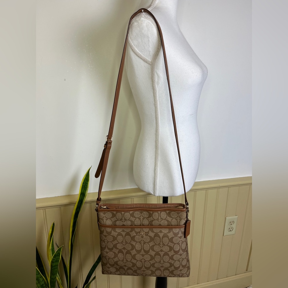 Coach Signature File Crossbody F58297 Brown Tan Logo Leather Trim Messenger Bag - Picture 3 of 16